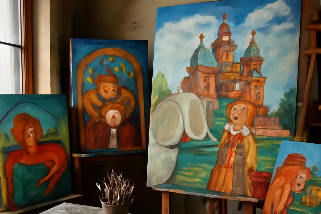 Atelier d'un peintre russe à Paris avec toiles colorées, ambiance création