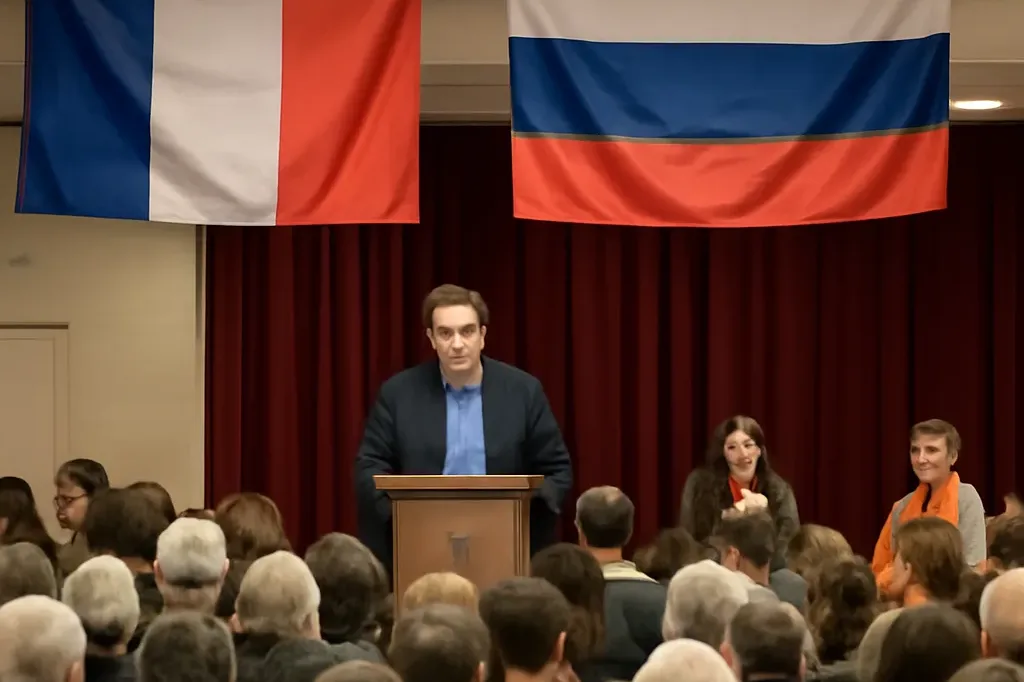 Événement culturel franco-russe avec drapeau franco-russe en arrière-plan, ambiance festive