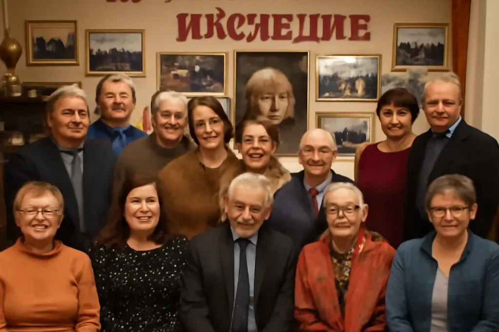 Adhérents d'une association lors d'un événement patrimonial russe, salle décorée