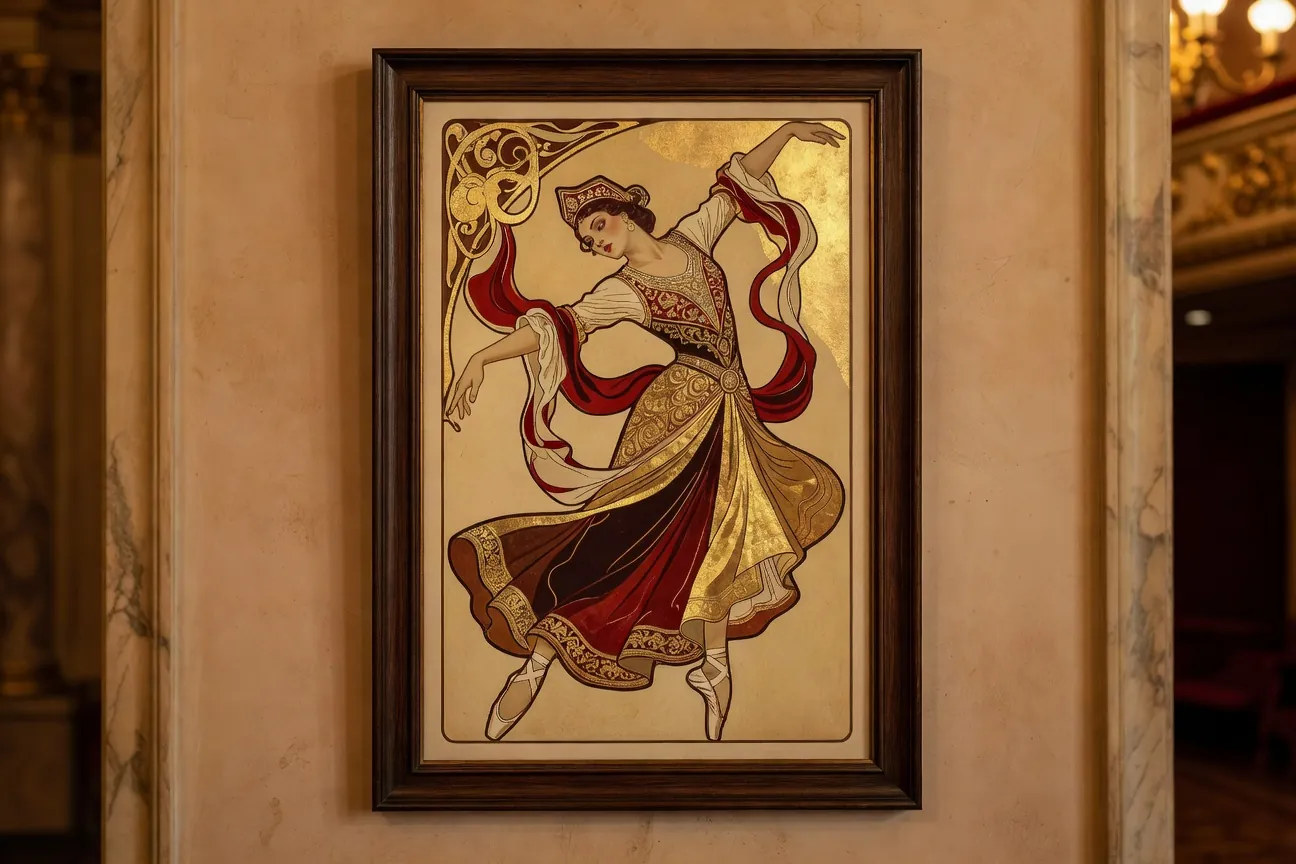 Détail de costumes et de décors évoquant l'esthétique des Ballets russes au début du XXᵉ siècle