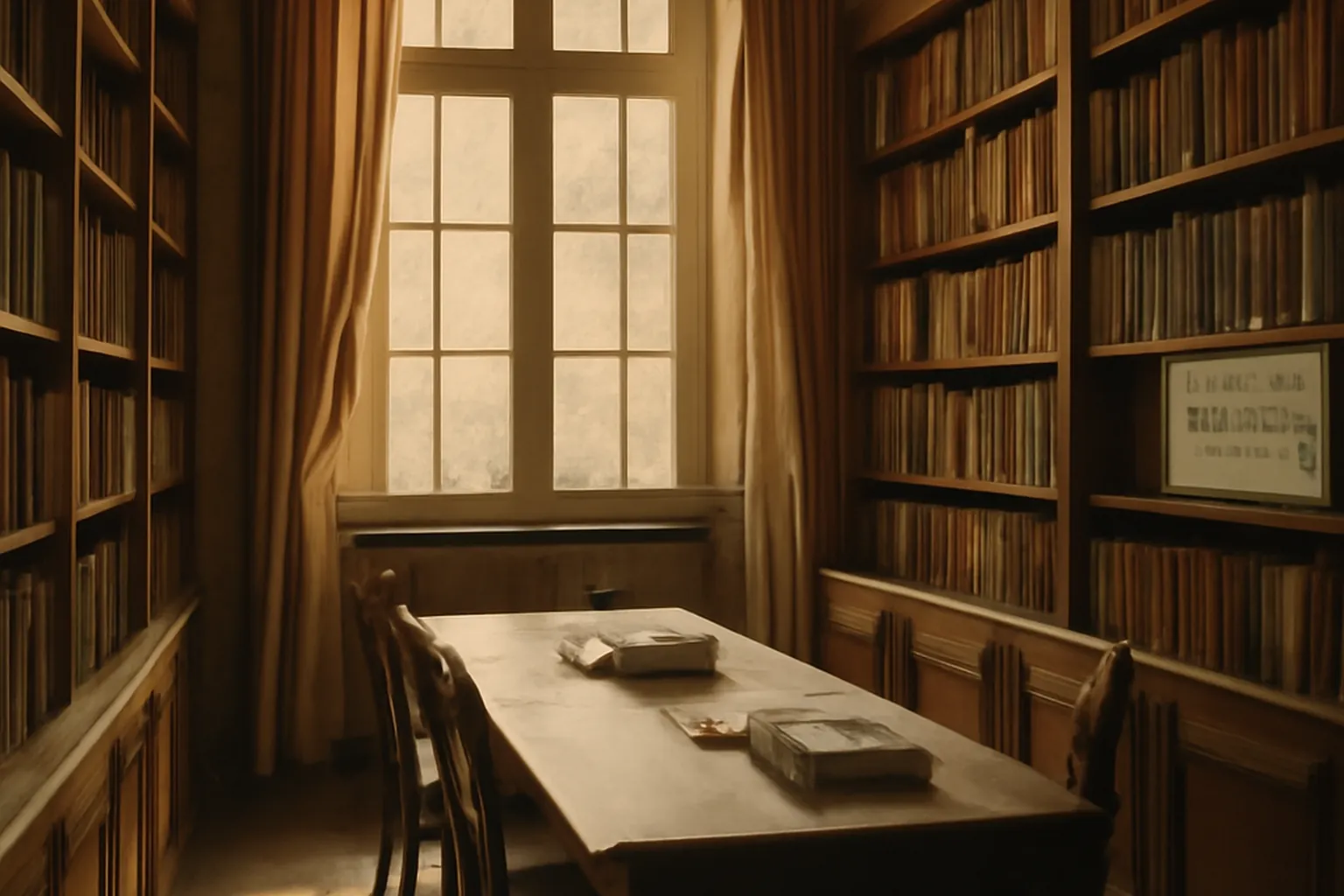 Salle de consultation d'une bibliothèque russe historique, rayonnages de livres en cyrillique et boiseries anciennes