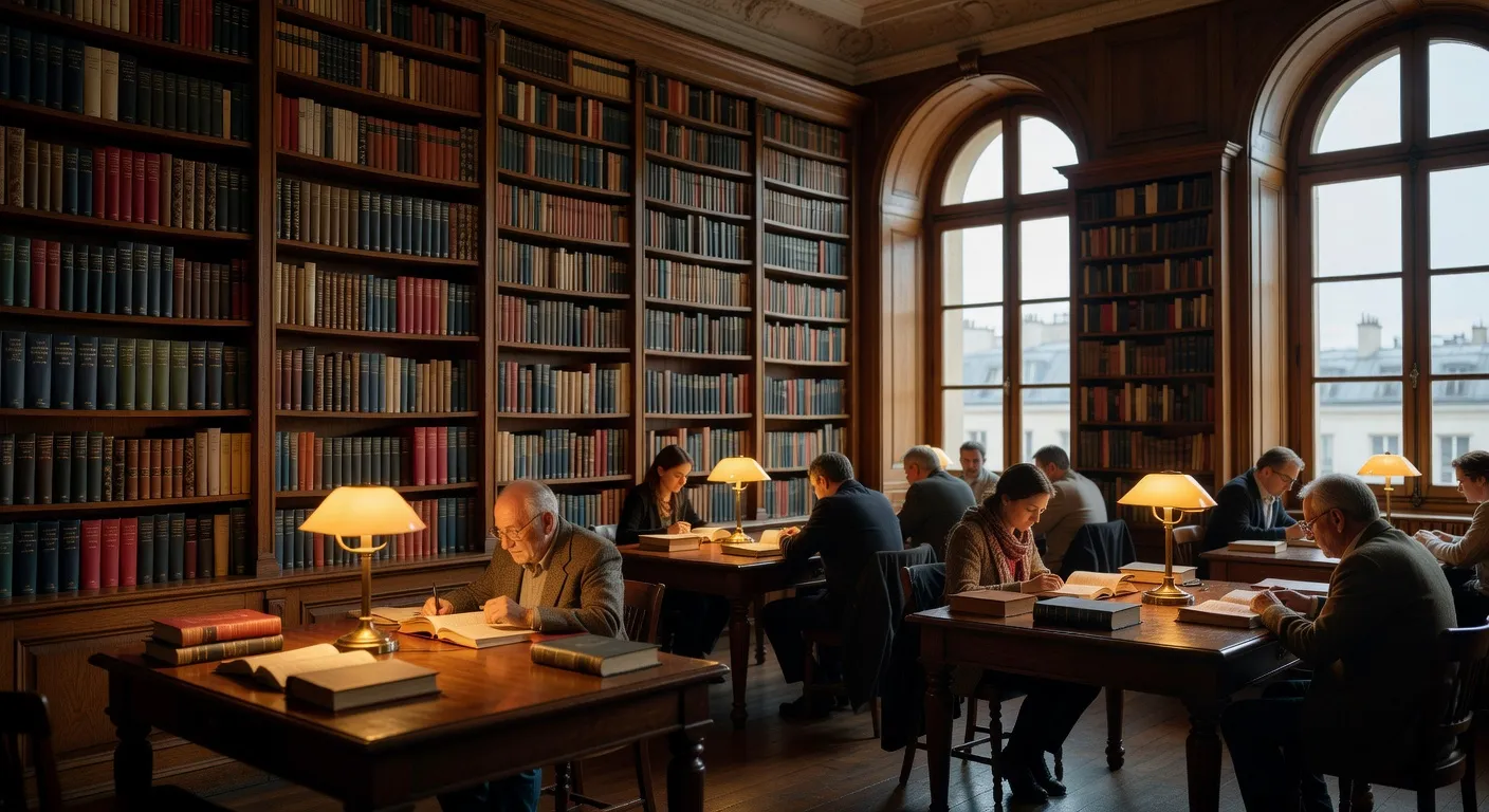 Salle de lecture de la Bibliothèque Tourgueniev Paris, rayonnages de livres russes, lumière chaude