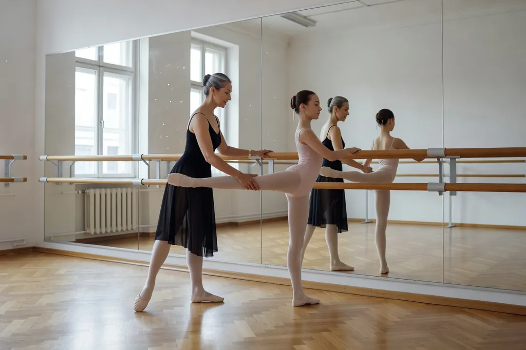 Professeure de danse guidant une élève au barre, studio classique, miroirs, plancher en bois, lumière douce