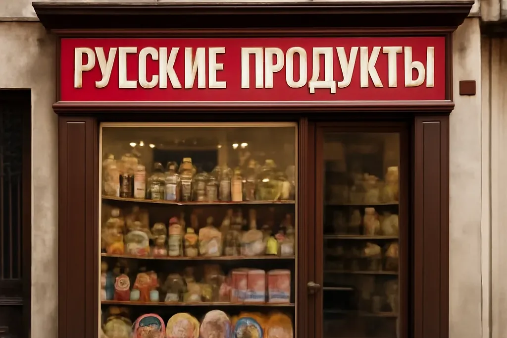Rue parisienne avec devanture d'épicerie russe, style boutique de spécialités