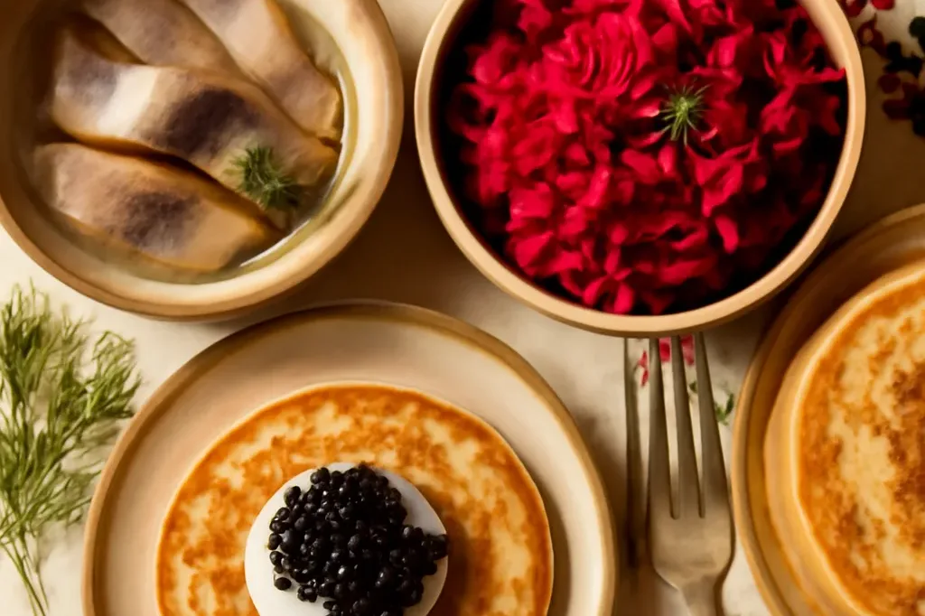 Table dressée à la russe avec zakouski et blinis sur nappe brodée blanche