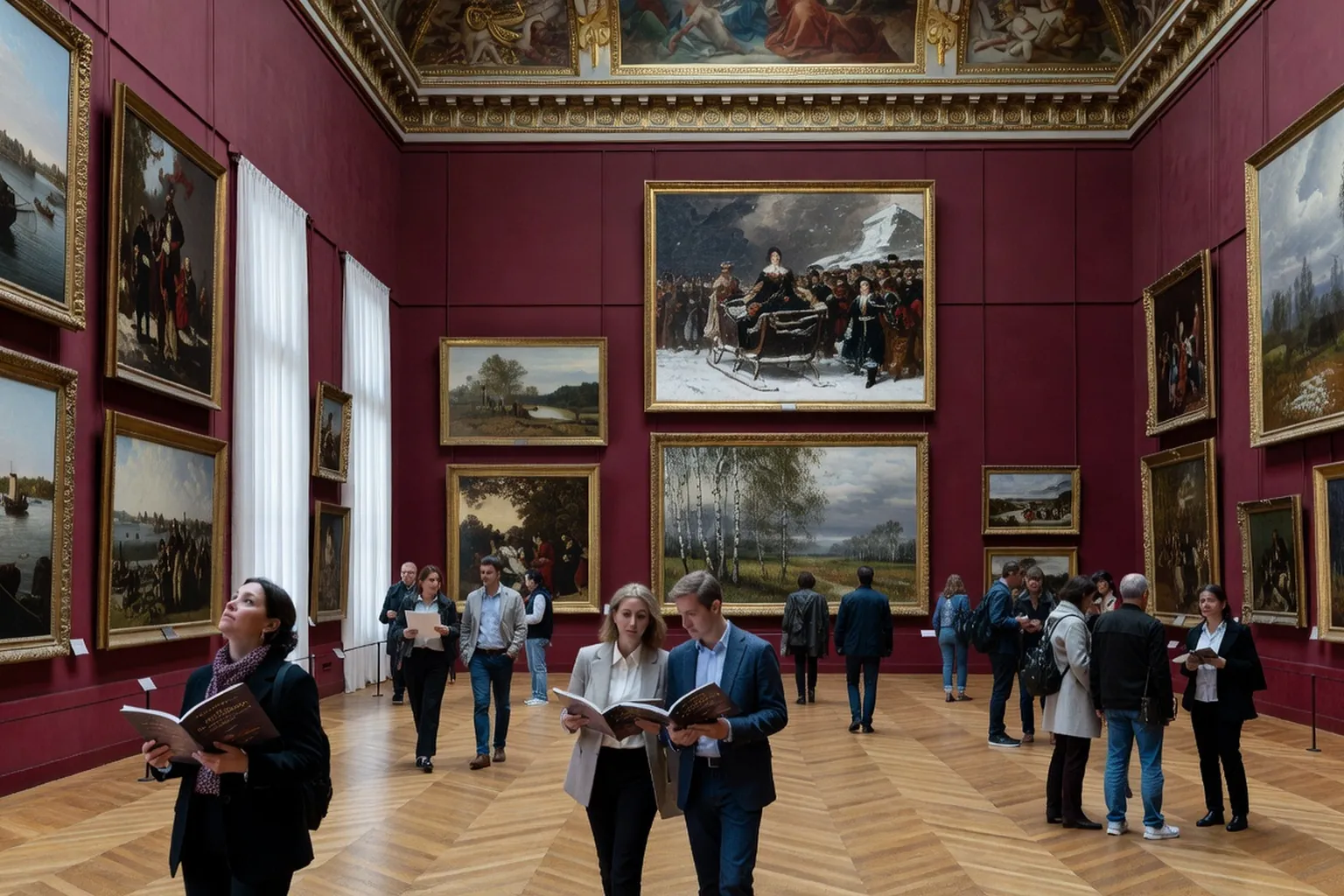 Salle d'exposition avec grandes toiles d'avant-garde russe