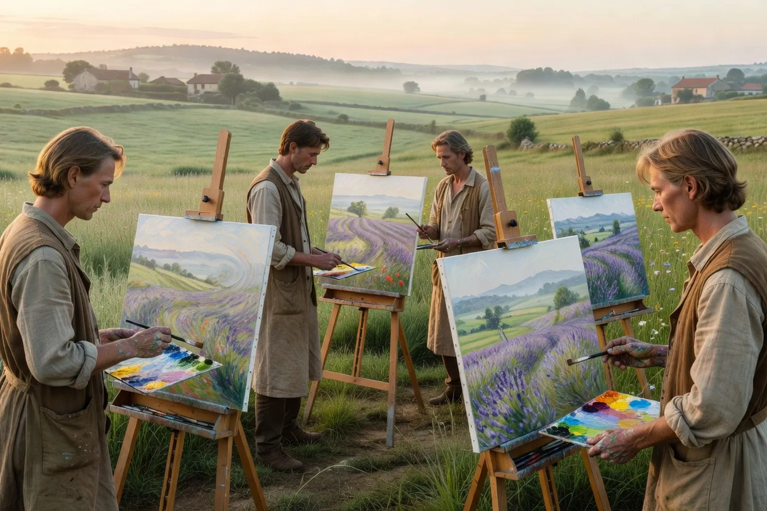 Peintre russe devant son chevalet dans un paysage impressionniste français