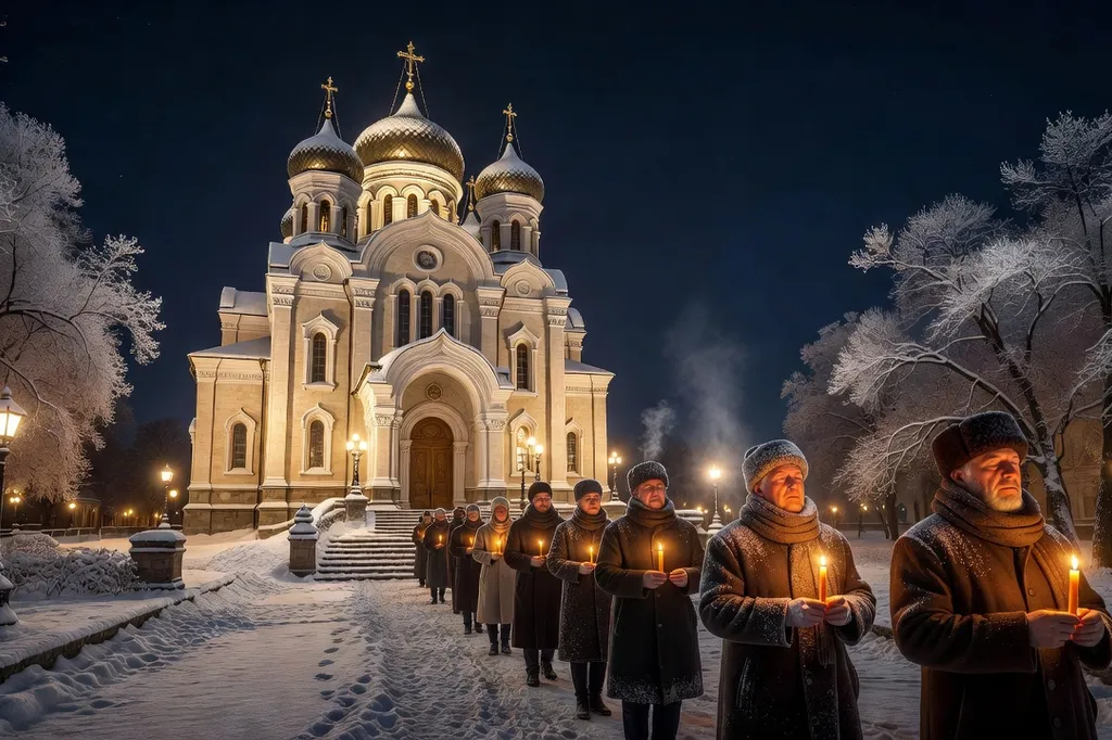 Église orthodoxe illuminée de nuit, bougies, fidèles en procession, couverture de neige légère, ambiance liturgique hivernale