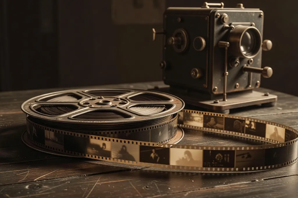Bobine de film ancienne sur table en bois, photogrammes flous, projecteur de cinéma en arrière-plan, lumière sépia chaude