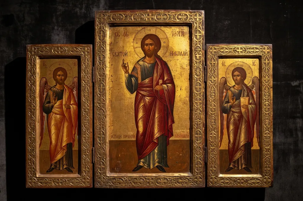 Triptyque d'icônes russes XIXe siècle sur fond sombre, or patiné, style byzantin-russe, éclairage dramatique