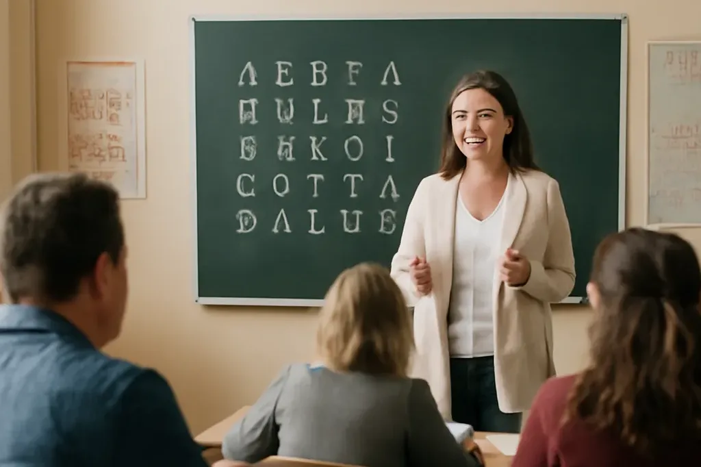 Salle de classe petite avec alphabet cyrillique au tableau, cours de russe adultes, ambiance pédagogique