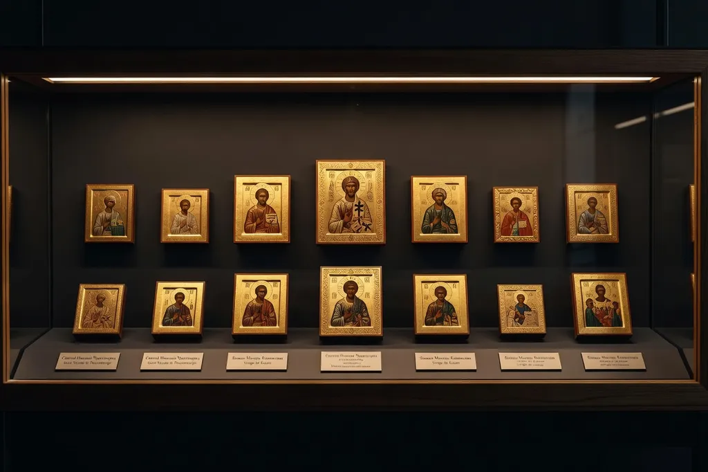 Vitrine de musée avec petites icônes dorées sur fond foncé, éclairage indirect, étiquettes en cyrillique et français