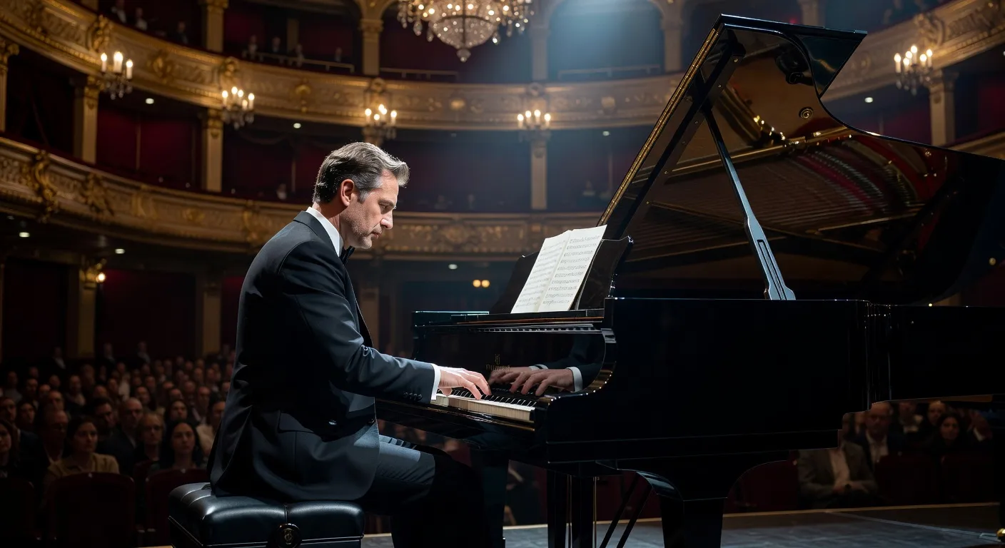 Concert dans une grande salle parisienne, pianiste sur scène, lumière dramatique, musique classique russe