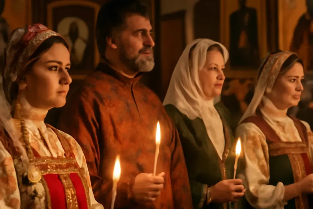 Fidèles en habits traditionnels russes lors d'une fête religieuse orthodoxe, cierges et icônes