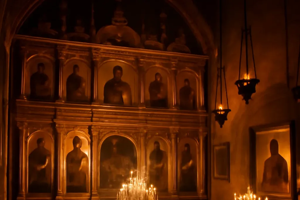 Intérieur d'une église orthodoxe russe avec iconostase dorée et luminaires, ambiance recueillie