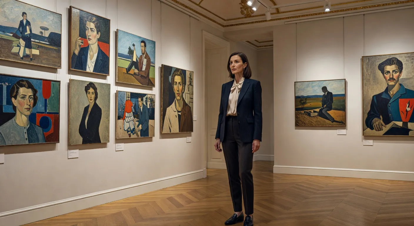Nathalie Berezina, historienne de l'art, devant une toile russe dans une galerie parisienne