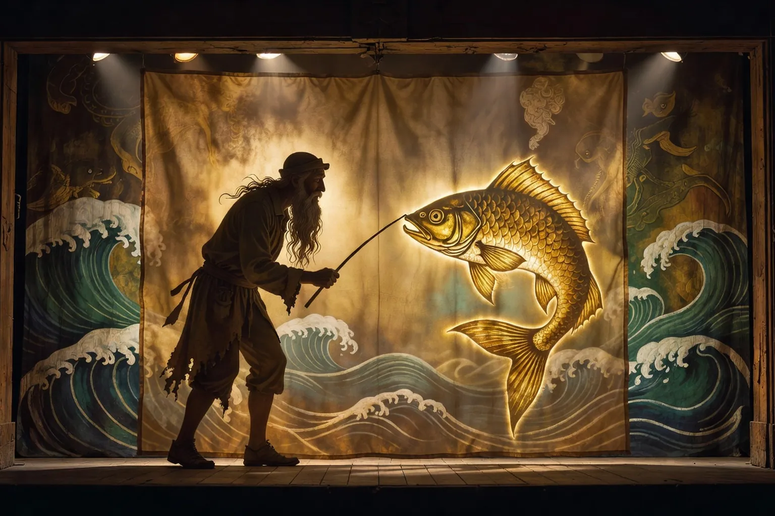 Théâtre d'ombres inspiré d'un conte russe, lumière chaleureuse