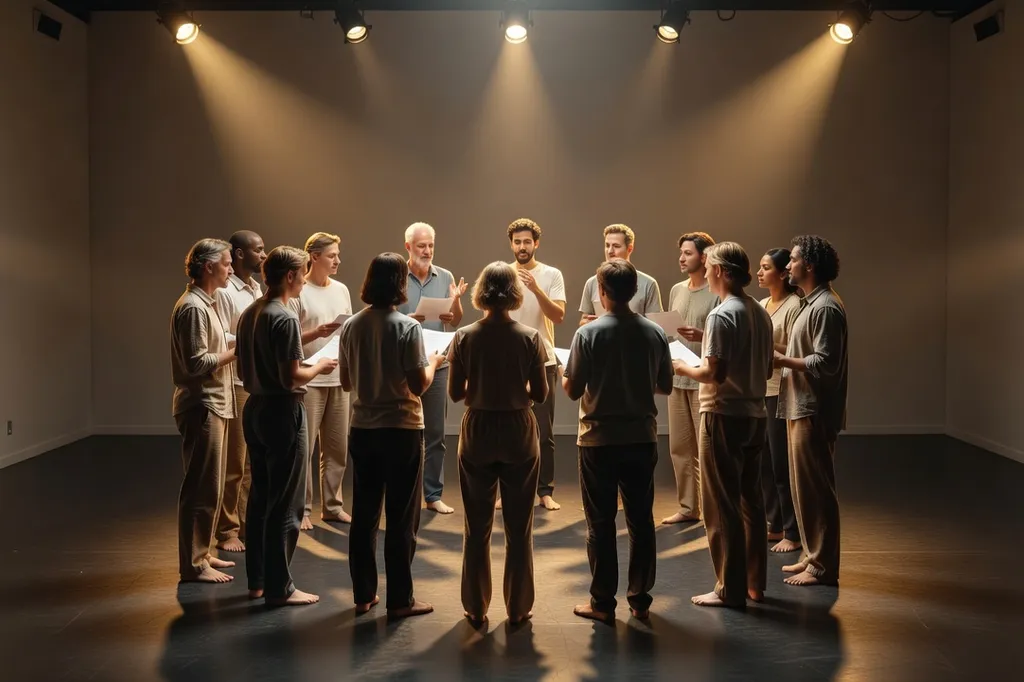 Répétition de théâtre dans un studio épuré, acteurs en cercle, éclairage de scène chaud