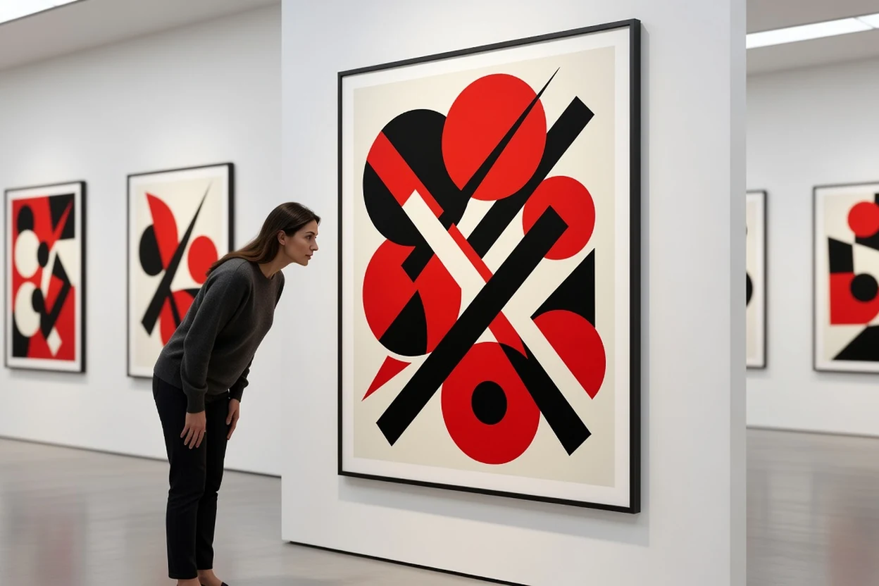 Visiteuse de profil examinant de près une grande affiche encadrée à composition géométrique abstraite aux aplats rouge, noir et crème accrochée dans une galerie
