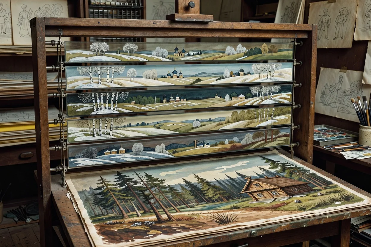 Dispositif d’animation multiplan avec couches de verre peintes superposées et fonds dessinés dans un atelier