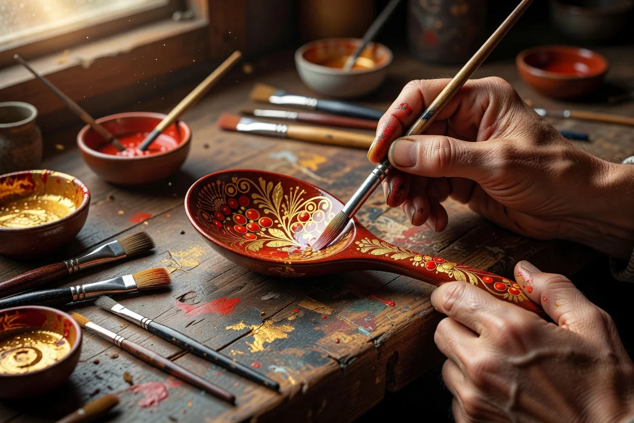 Main d'artisan peignant une cuillère de khokhloma à l'or et au rouge, pinceaux et godets posés sur l'établi