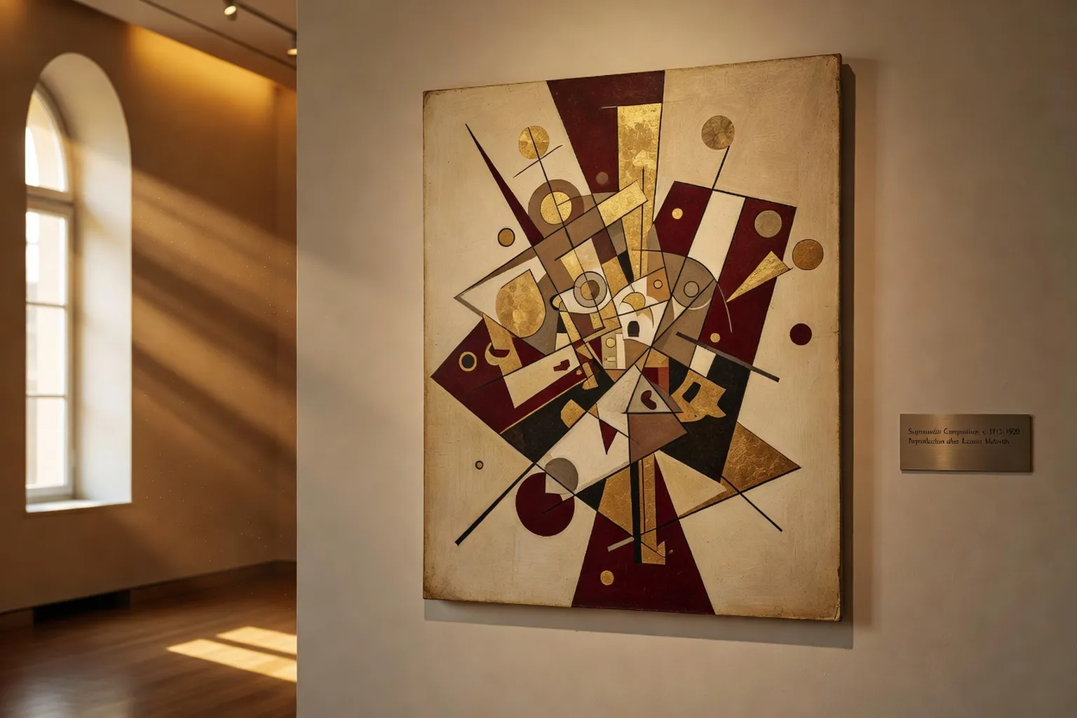 Toile suprématiste de Malevitch reproduite dans une salle de musée, lumière de fin d'après-midi