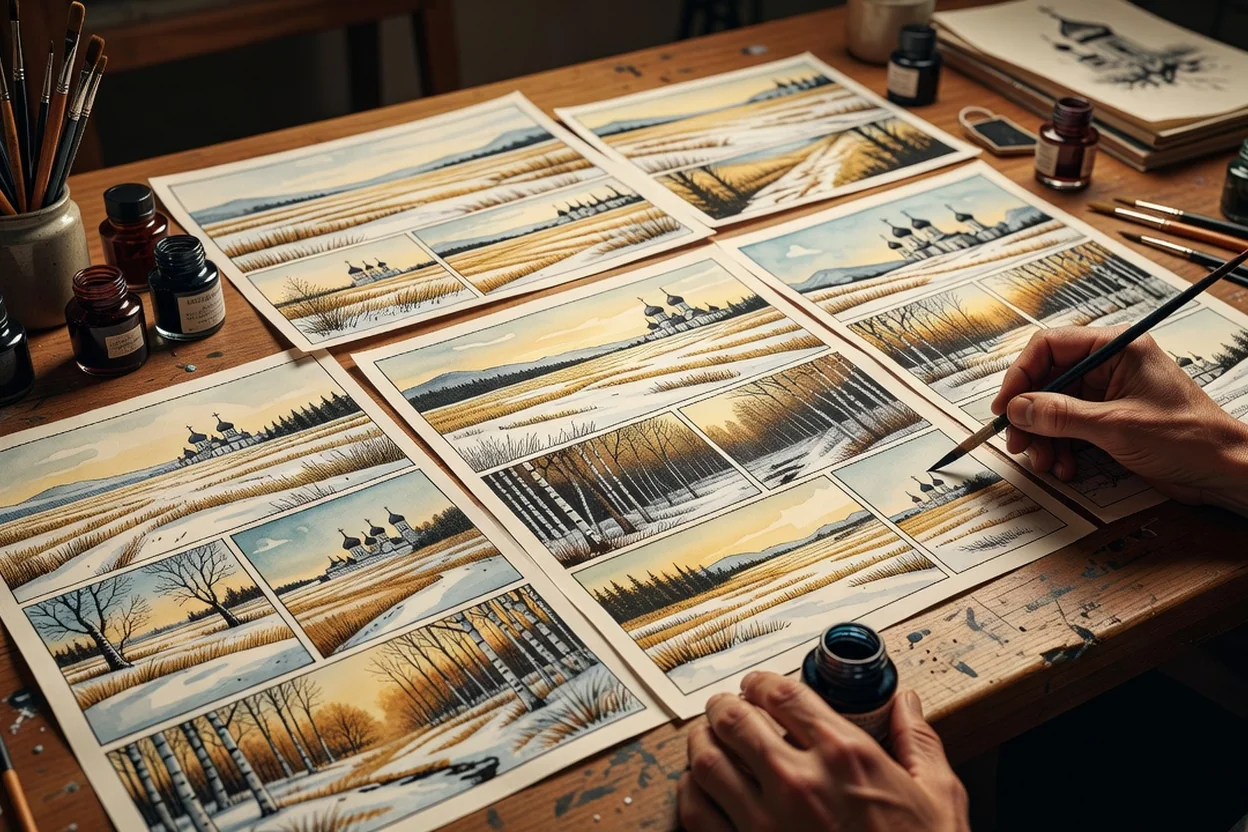 Planches de bande dessinée à l'encre et à l'aquarelle montrant des paysages russes, mains d'artiste au pinceau sur une table de travail