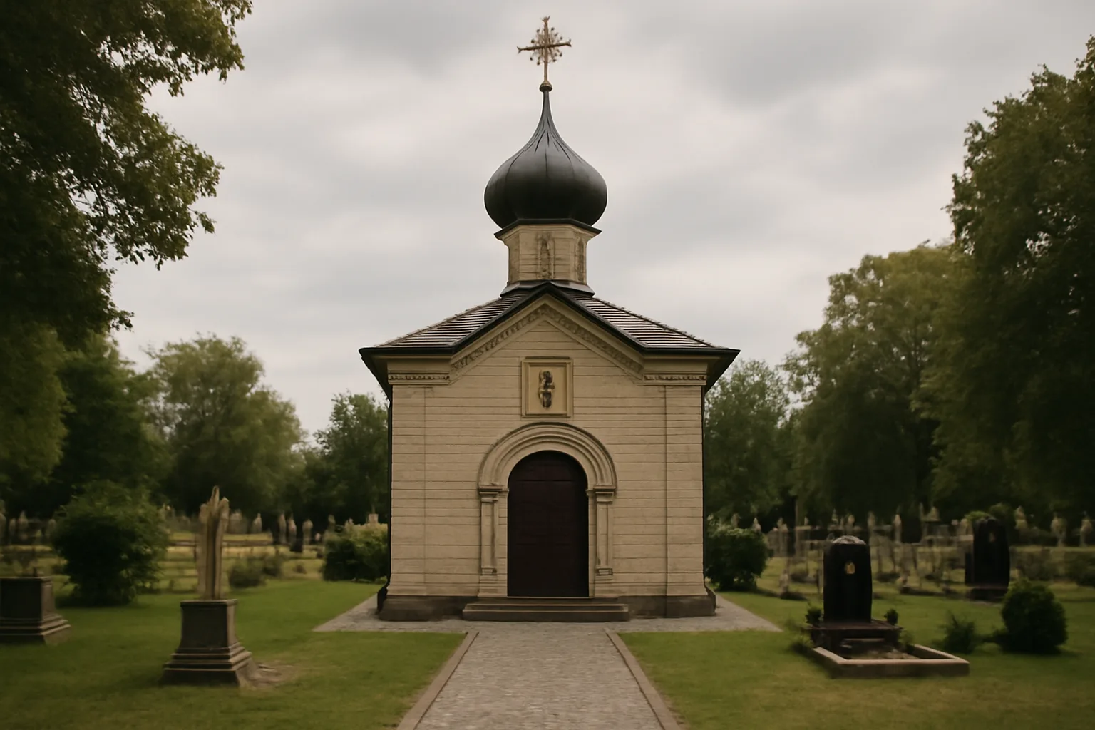 Facade d'une chapelle orthodoxe au dome en bulbe dans le cimetiere