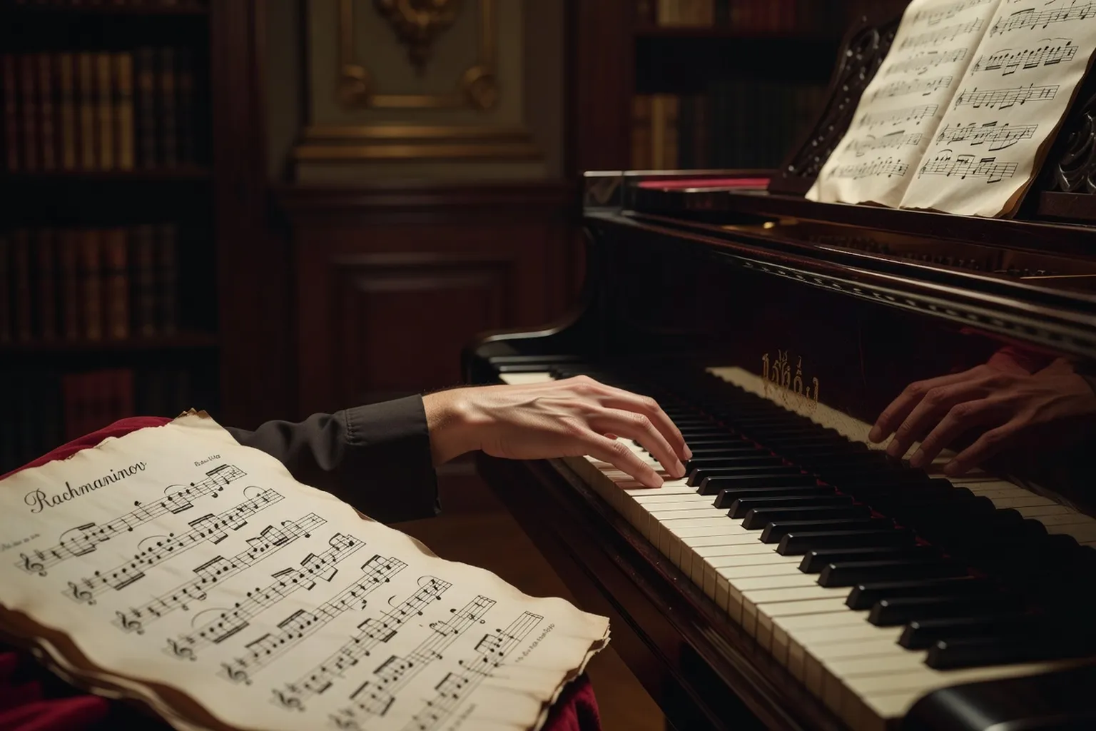 Mains de pianiste sur clavier, lumière dorée, partition de Rachmaninov en arrière-plan