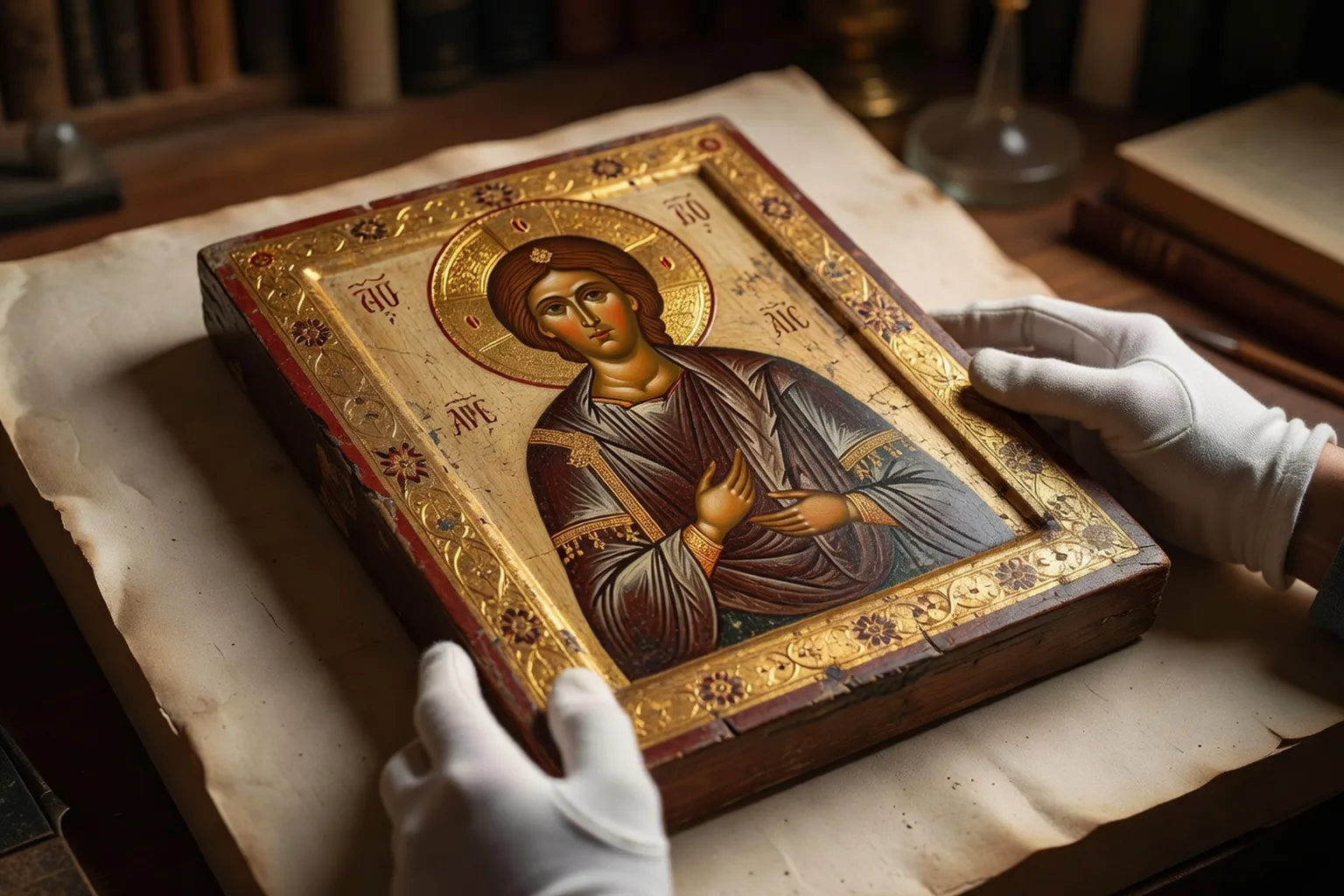 Icône orthodoxe russe en cours d'examen, gants blancs, lumière tamisée d'atelier de restauration