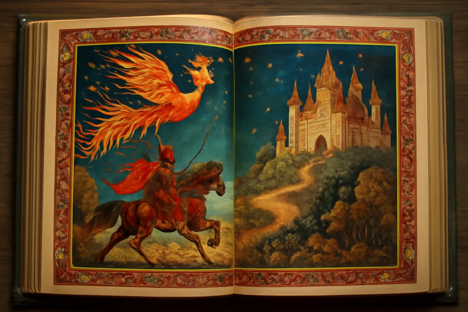 Enfant écoutant un conte russe lu par un parent, ambiance cocooning, livre illustré visible