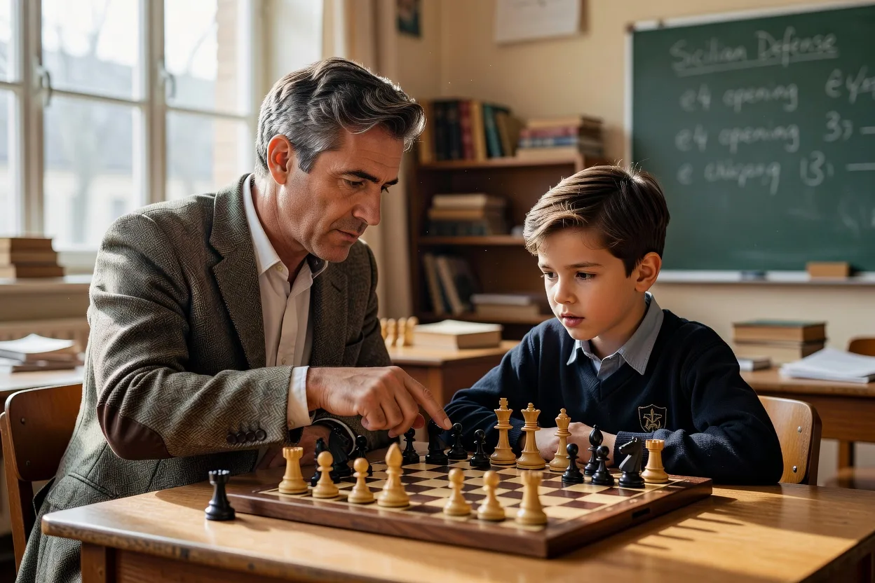 Entraineur d'echecs expliquant une position a un jeune eleve dans une salle de classe