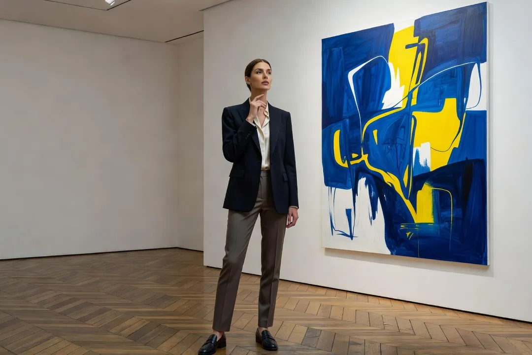 Une visiteuse élégante devant la vitrine d’une galerie d’art contemporain dans le quartier des Archives à Paris