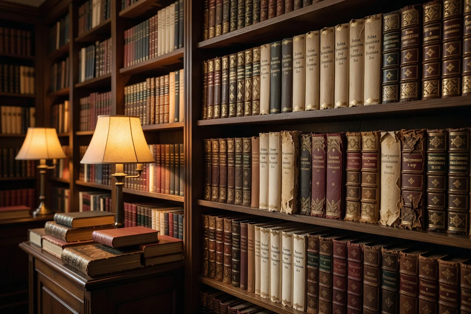 Étagères de livres russes en cyrillique dans une librairie ancienne, dorures, lumière tamisée