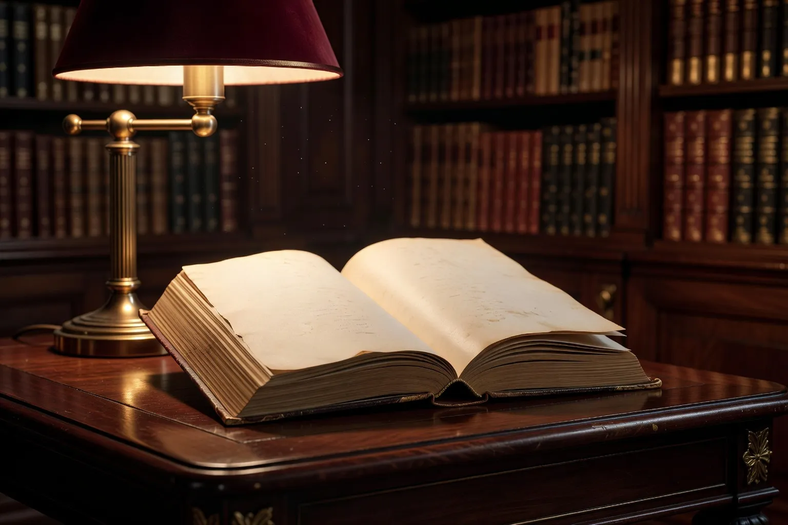 Recueil de poésie russe ouvert sur table de bibliothèque, lumière de lampe ancienne