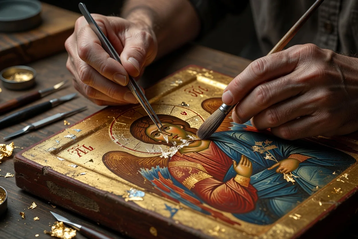 Mains d'un restaurateur appliquant de la feuille d'or sur une icone