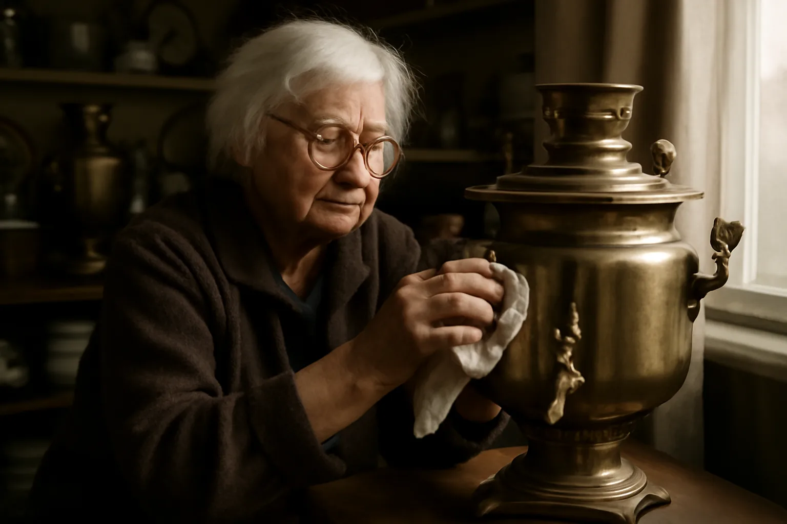 Portrait d'une collectionneuse polissant un samovar ancien chez elle