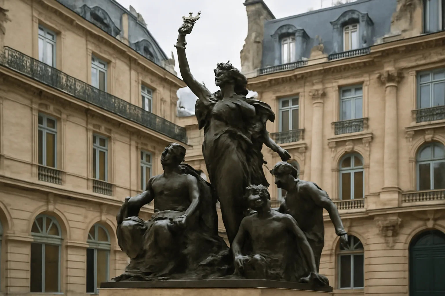Détail d'une sculpture monumentale en bronze dans un espace public français, plan large