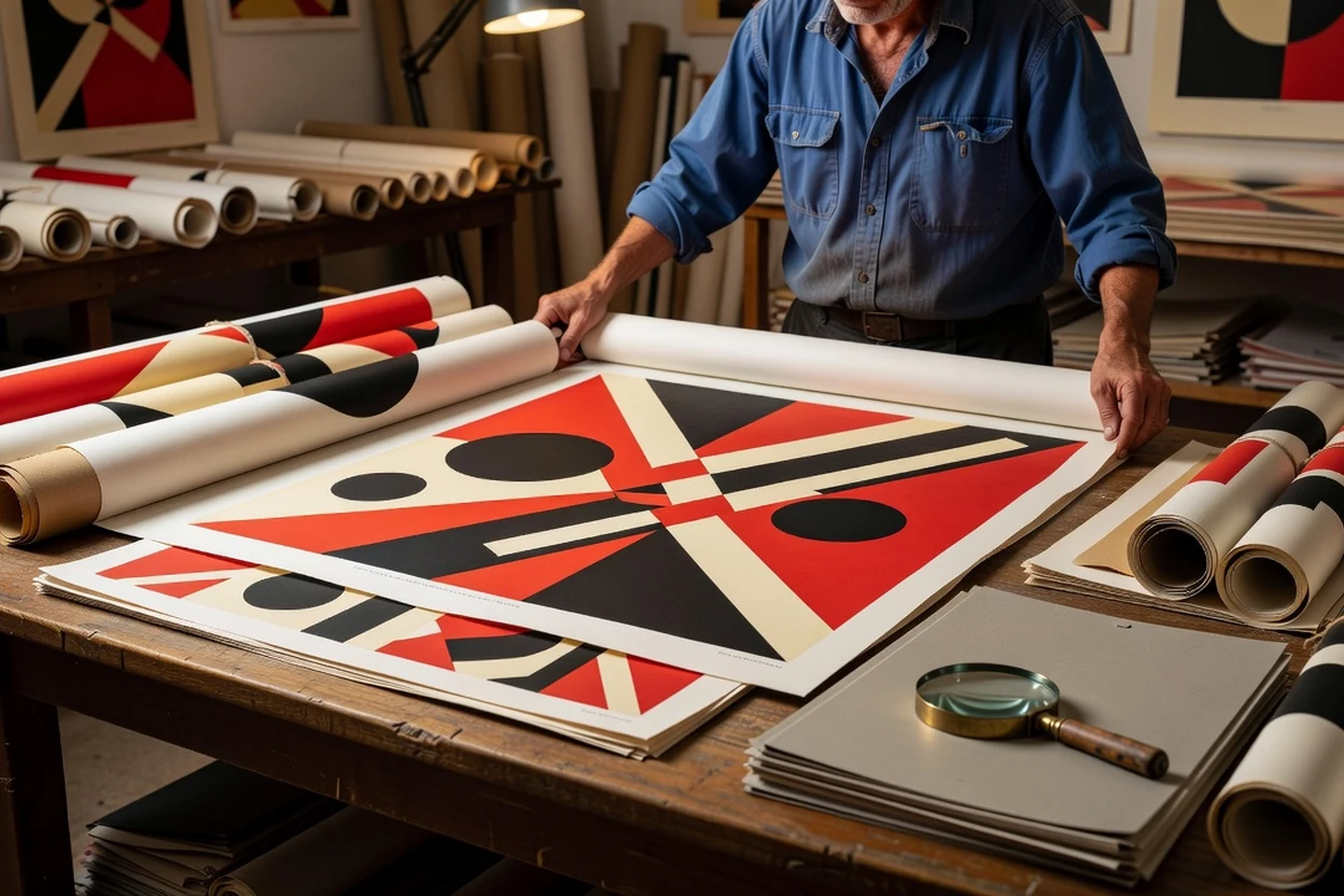 Amateur en chemise de travail déroulant une grande affiche d'art géométrique sur une table de galerie, autres affiches roulées et classeurs à plat autour de lui