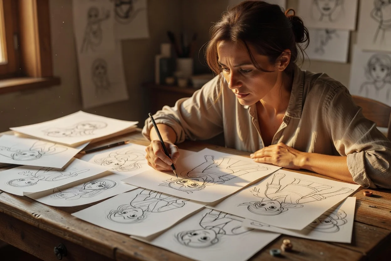 Illustratrice dessinant des croquis de personnages au crayon à un bureau en bois, feuilles de recherche éparpillées