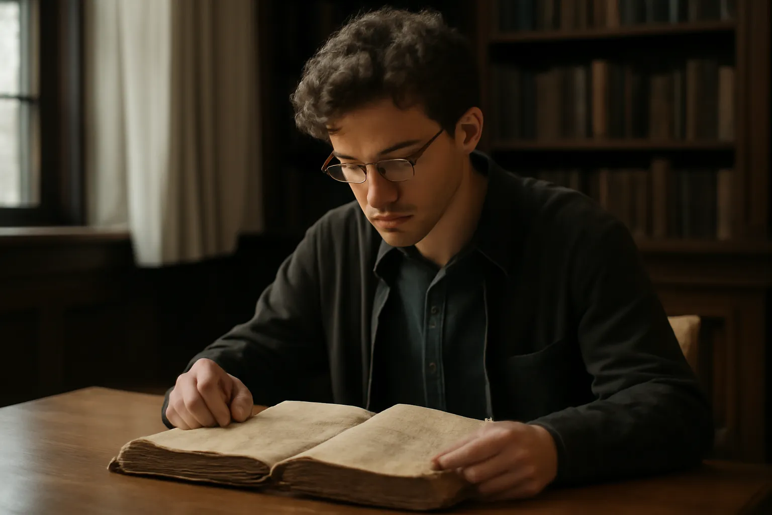 Chercheur consultant des archives dans une salle de lecture patrimoniale, ambiance calme