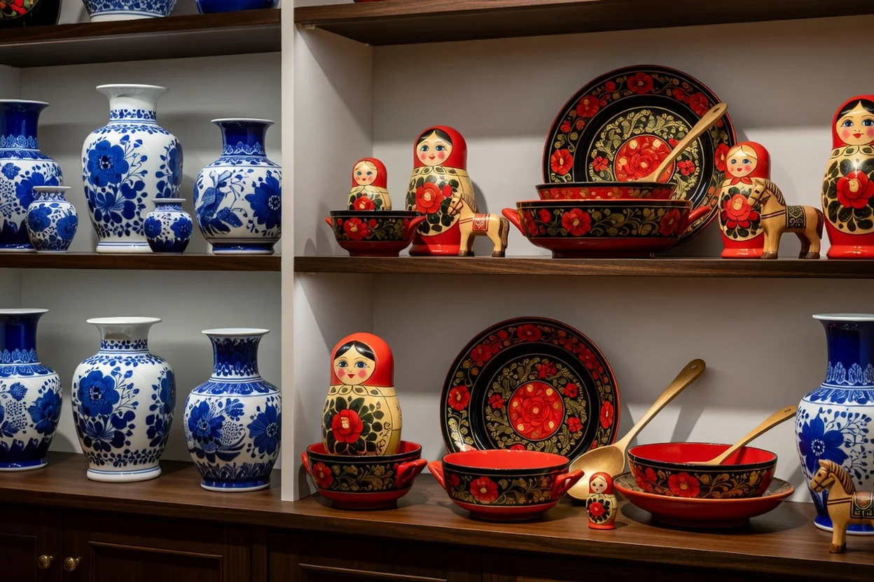 Vitrine de galerie présentant céramique gzhel bleu et blanc, vaisselle de khokhloma rouge et or, jouets en bois peints sur des étagères en bois