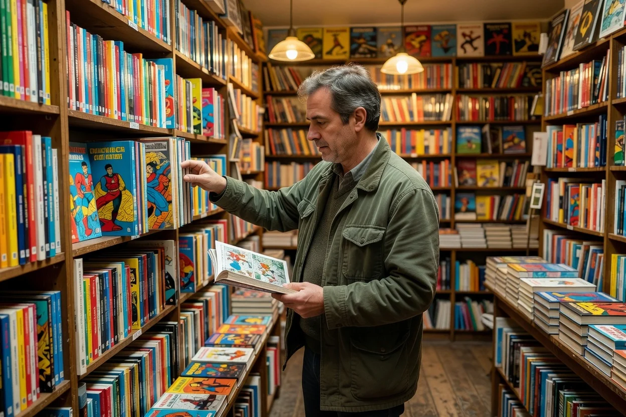 Lecteur feuilletant des bandes dessinées dans le rayon BD d'une librairie indépendante, étagères d'albums colorés autour de lui