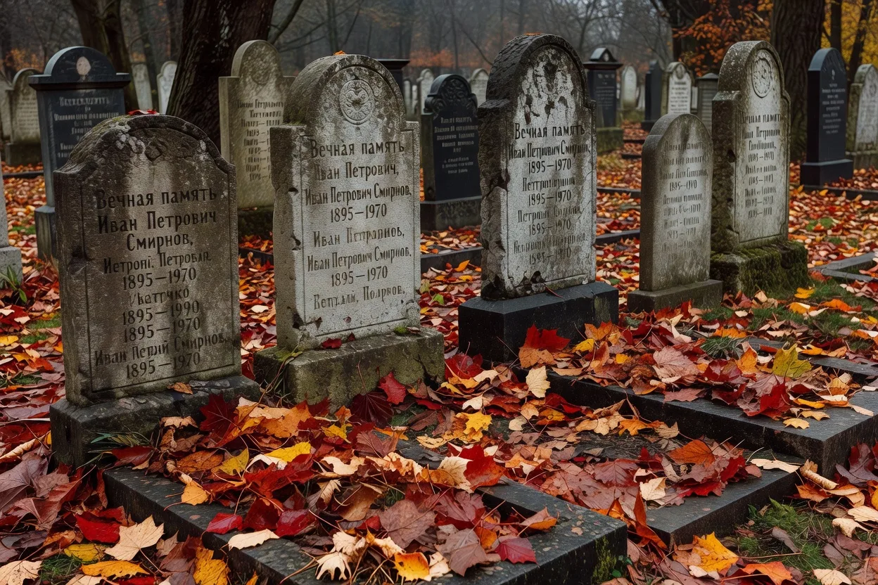 Pierres tombales anciennes avec inscriptions cyrilliques parmi les feuilles d'automne
