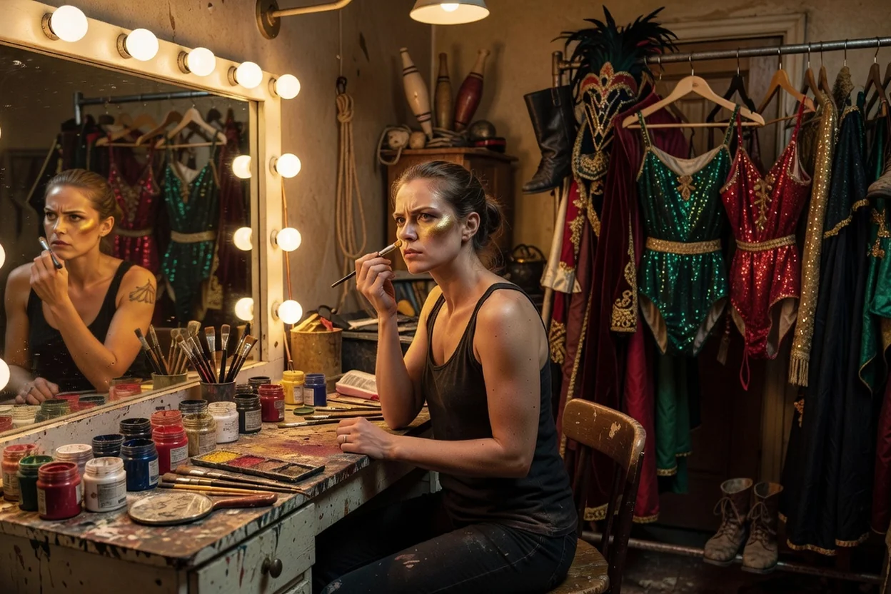 Artiste de cirque se maquillant devant un miroir lumineux dans sa loge, costumes scintillants suspendus