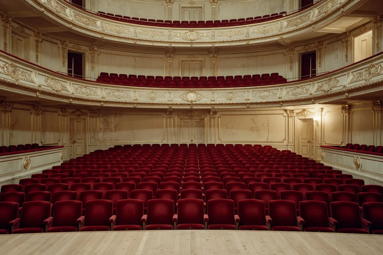 Salle de concert vide vue de la scène, fauteuils rouges, atmosphère avant représentation