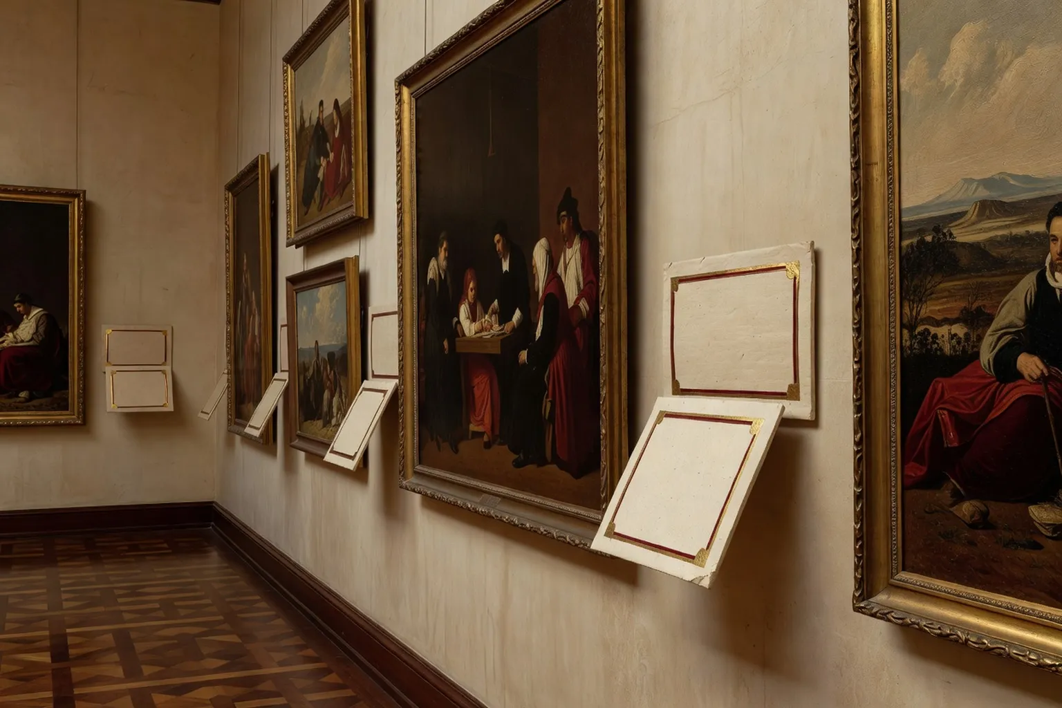 Salle d'exposition de peinture russe XIXe, parquet, cartels muraux, lumière douce