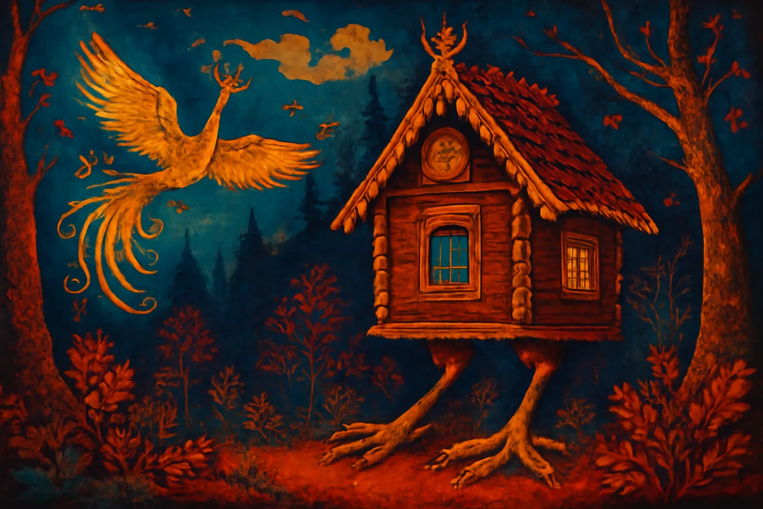 Illustration détaillée d'un personnage de conte russe traditionnel type Baba Yaga ou Oiseau de feu, style artistique