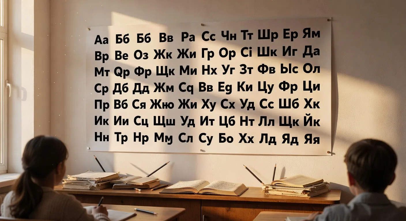 Alphabet cyrillique sur un tableau de classe, cours de russe, ambiance pédagogique éditoriale
