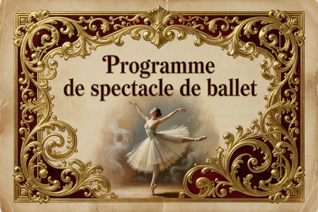 Programme de spectacle de ballet illustré, couverture ornementée, style Belle Époque, dorures et rouge bordeaux